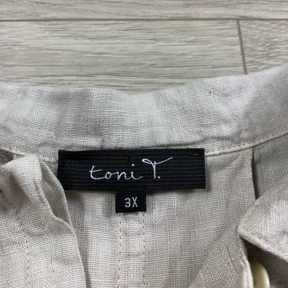Toni T. 3X Plus 100% Linen Button Front Cream Blouse Lagenlook - Picture 3 of 10